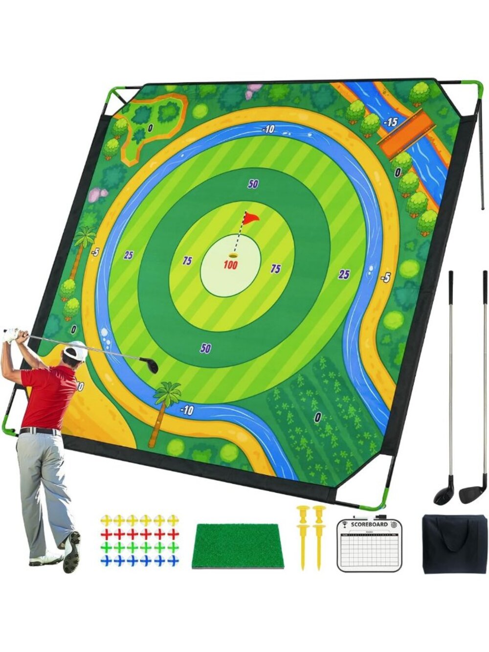 Portable Golf Chipping Game Set - 71x71" Mat, 2 Clubs, 24 Balls & Scoreboard